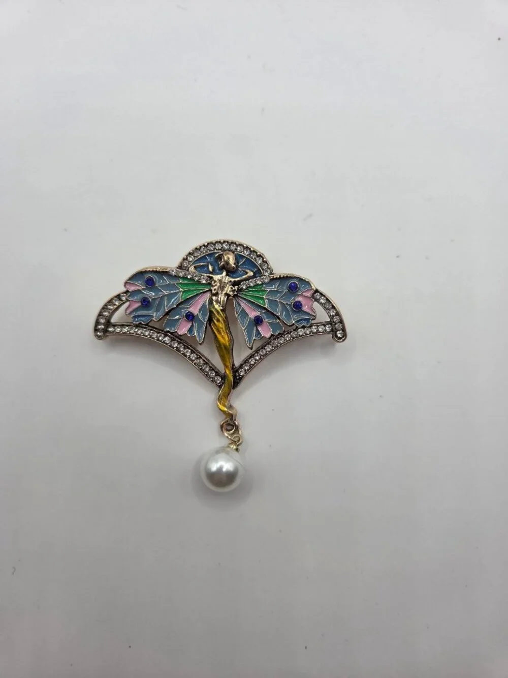 Art Nouveau Fairy Enamel Pin Brooch With Rhinestones & Pearl Accent